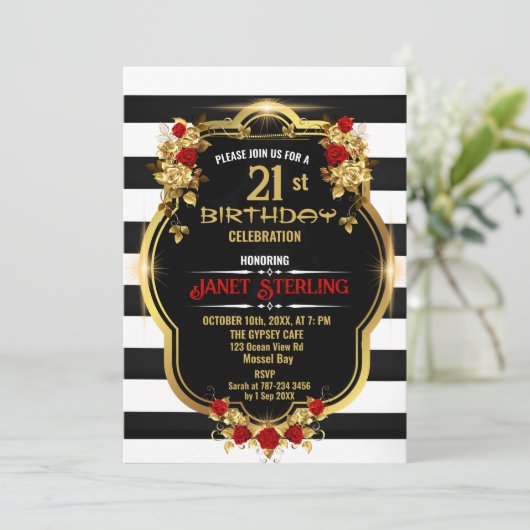 Zwart , Wit en Goud 21ste Uitnodiging (Staand voorkant)