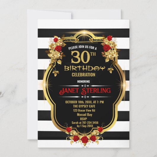 Zwart, Wit en Goud 30e Verjaardag Uitnodiging (Voorkant)