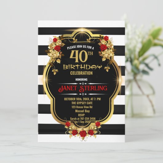 Zwart, Wit en Goud 40e Verjaardag Uitnodiging (Staand voorkant)