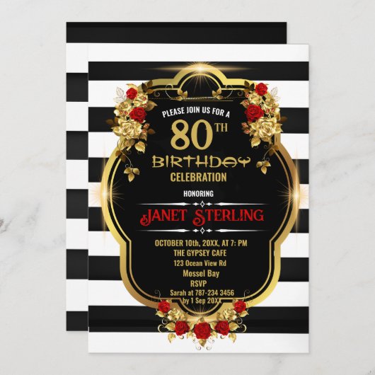 Zwart, Wit en Goud 80e Verjaardag Uitnodiging (Voorkant / Achterkant)
