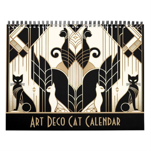 Zwart Wit en Goud Art Deco Kat Kalender (Hoes)