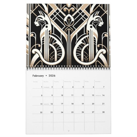 Zwart Wit en Goud Art Deco Kat Kalender (Feb 2026)