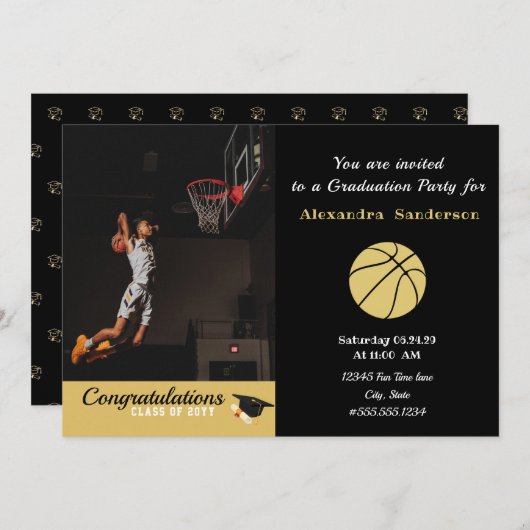 Zwart Wit en Goud Basketbal afstuderen Kaart (Voorkant / Achterkant)