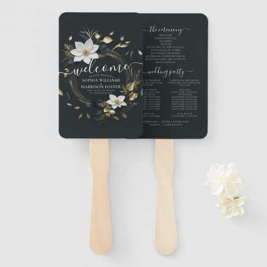 Zwart Wit en Goud Bloemen Krans Bruiloft Programma Handwaaier (Voorkant en achterkant)