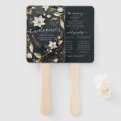 Zwart Wit en Goud Bloemen Krans Bruiloft Programma Handwaaier (Voorkant en achterkant)