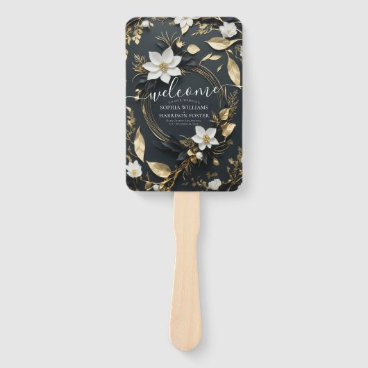 Zwart Wit en Goud Bloemen Krans Bruiloft Programma Handwaaier (Voorkant)