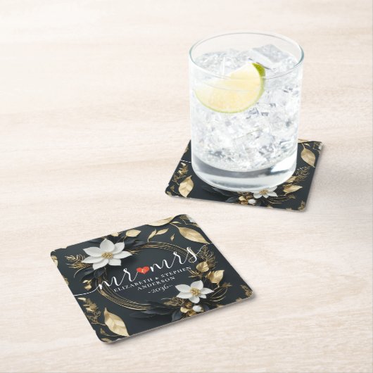 Zwart wit en goud bloemenkrans bruiloft Mr. Mrs Kartonnen Onderzetters (Insitu)