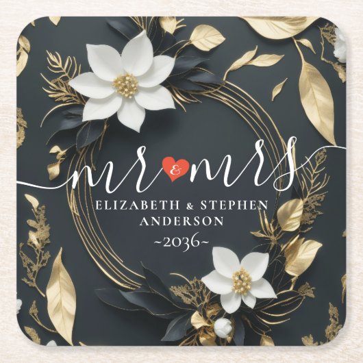 Zwart wit en goud bloemenkrans bruiloft Mr. Mrs Kartonnen Onderzetters (Voorkant)