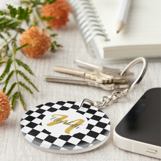 Zwart Wit en Goud Elegante Naam &Monogram Sleutelhanger (Voorkant Rechts)