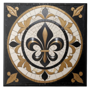 Zwart Wit en Goud Fleur de Lis Faux Mosaic Tegeltje