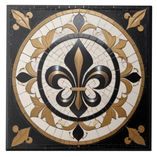 Zwart Wit en Goud Fleur de Lis Faux Mosaic Tegeltje (Voorkant)
