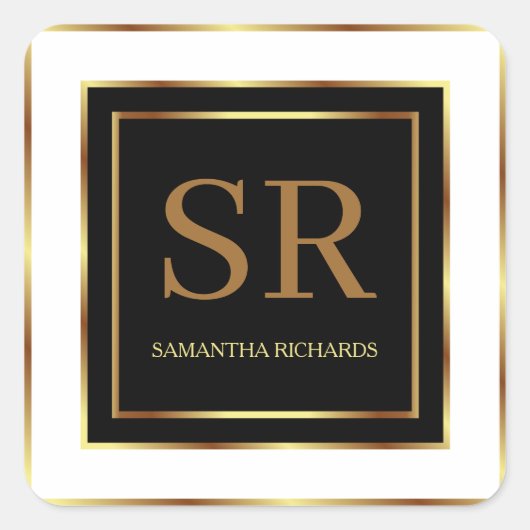 Zwart Wit en Goud Geometrisch Monogram Vierkante Sticker (Voorkant)