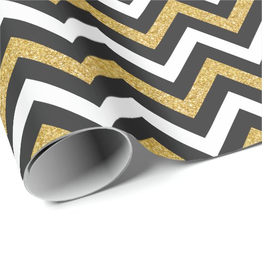 Zwart Wit en Goud Glitter Folie Chevron Zigzag Cadeaupapier (Rol Hoek)