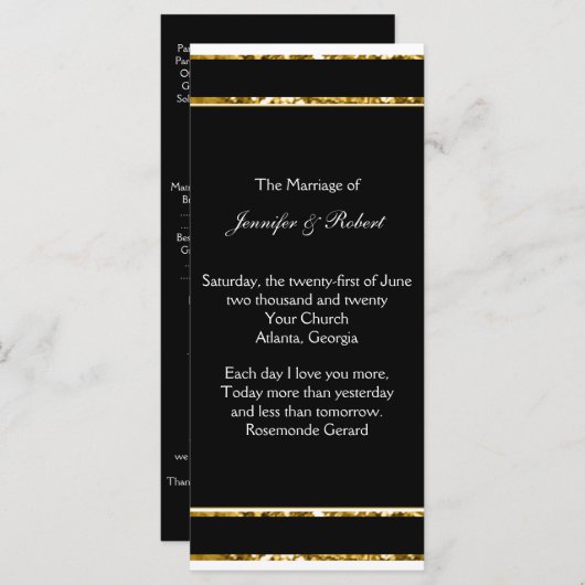 Zwart Wit en Goud Glitter Trouwprogramma Programmakaart (Voorkant / Achterkant)