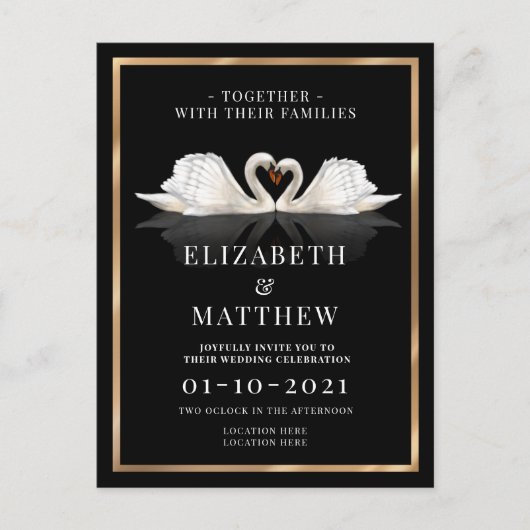 Zwart, wit en goud met zwanen bruiloft uitnodiging briefkaart (Voorkant)