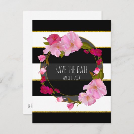 Zwart Wit en Goud Modern Bloemendesign Opslagberic Aankondigingskaart (Voorkant / Achterkant)