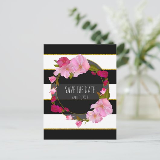 Zwart Wit en Goud Modern Bloemendesign Opslagberic Aankondigingskaart (Staand voorkant)