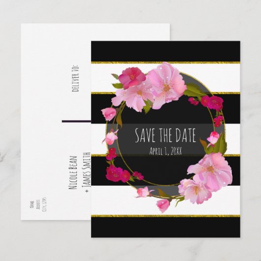 Zwart Wit en Goud Modern Bloemendesign Opslagkaart Aankondigingskaart (Voorkant / Achterkant)