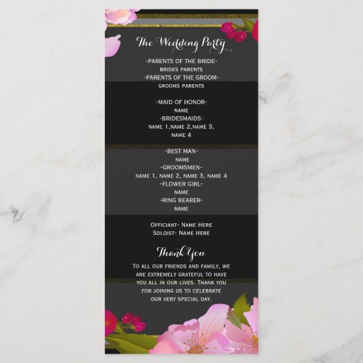 Zwart Wit en Goud Modern Floral Chic Programma Programmakaart (Achterkant)