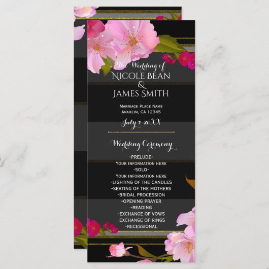 Zwart Wit en Goud Modern Floral Chic Programma Programmakaart (Voorkant / Achterkant)