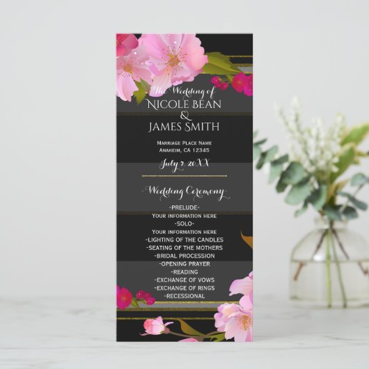 Zwart Wit en Goud Modern Floral Chic Programma Programmakaart (Staand voorkant)