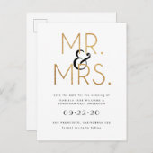 Zwart, wit en goud Mr & Mrs Save The Date Aankondigingskaart (Voorkant / Achterkant)