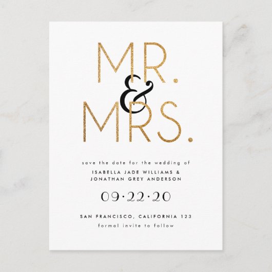 Zwart, wit en goud Mr & Mrs Save The Date Aankondigingskaart (Voorkant)