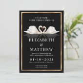 Zwart, wit en goud thema met zwanen bruiloft kaart (Staand voorkant)