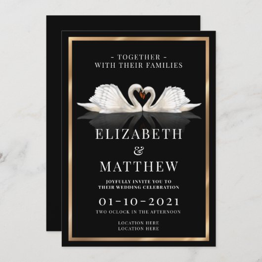 Zwart, wit en goud thema met zwanen bruiloft kaart (Voorkant / Achterkant)