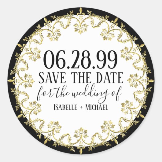 Zwart, Wit en GoudElegant Sla de datum op Ronde Sticker (Voorkant)