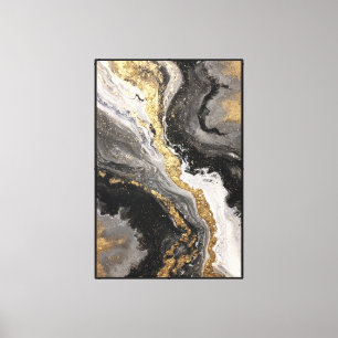 Zwart, wit en gouden abstracte wandkunst met vloei canvas afdruk