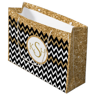 Zwart wit en gouden glitter Chevron Patroon Large Cadeautasje