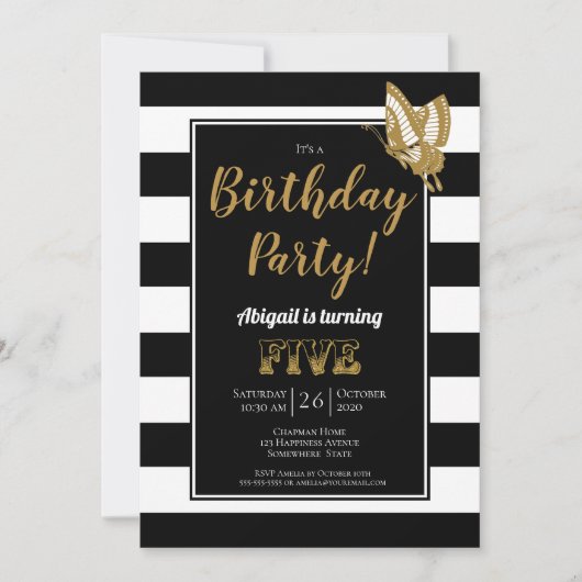 Zwart wit en goudglitter 5e verjaardag kaart (Voorkant)