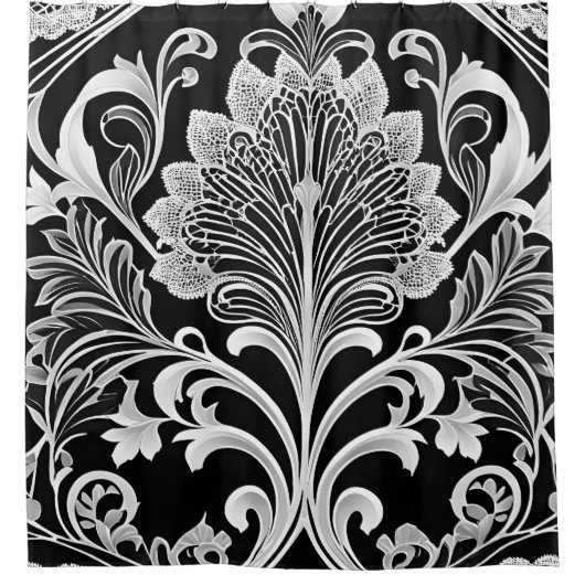 Zwart Wit en Grijs Bloemen Douchegordijn (Voorkant)