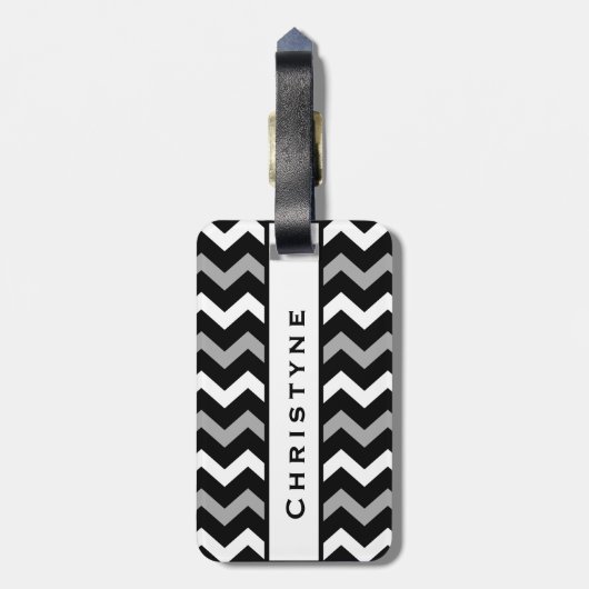 Zwart wit en grijs Chevron Print Patroon Bagagelabel (Achterkant verticaal)