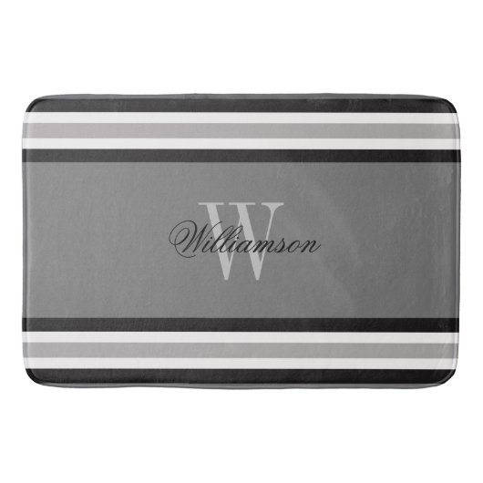 Zwart Wit en Grijs Gestreepte Monogram Badmat (Voorkant)
