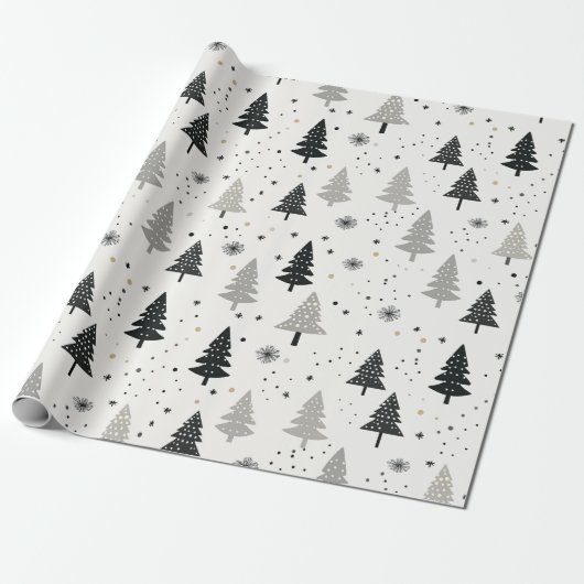 Zwart, wit en grijs kerstboom patroon cadeaupapier (Uitgerold)
