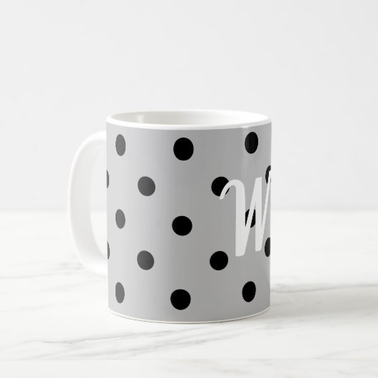 Zwart wit en grijs, polkadots, monogram koffiemok (Voorkant links)