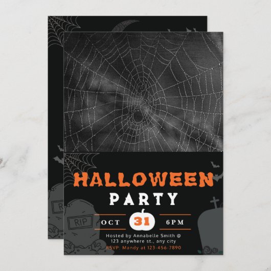 Zwart, Wit en Grijs Spiderweb Zwart Halloween Kaart (Voorkant / Achterkant)