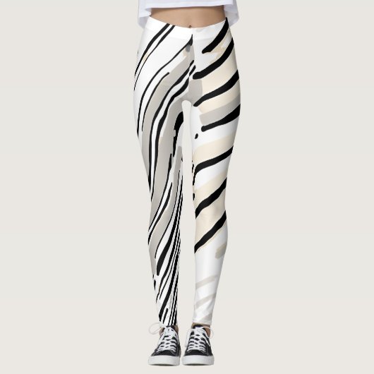 Zwart, wit en grijs strepen geometrisch patroon leggings (Voorkant)