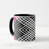 Zwart-wit en grijs verweven strepen op een mok (Voorkant links)