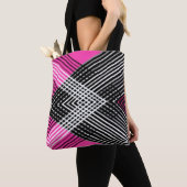 Zwart-wit en grijs verweven strepen op een tote bag (Dichtbij)