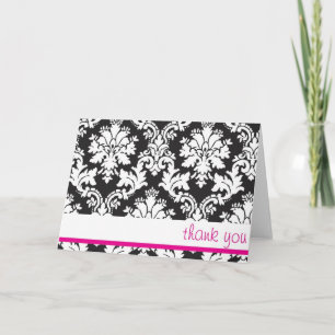 Zwart Wit en Heet Roze Damask Dankjewel Kaart