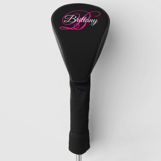 Zwart Wit en Heet Roze Fantasie Schrift Monogram Golfheadcover (Voorkant)