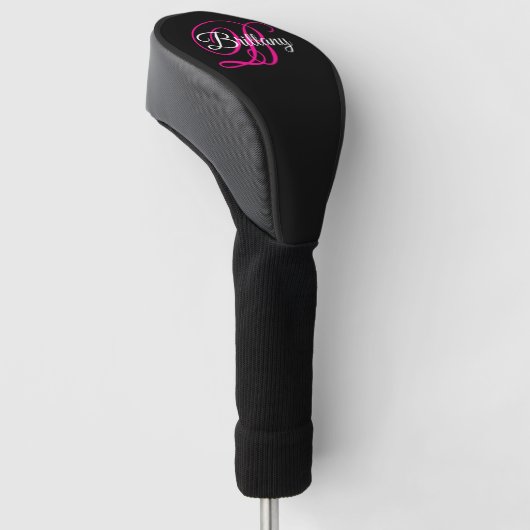 Zwart Wit en Heet Roze Fantasie Schrift Monogram Golfheadcover (Schuin)