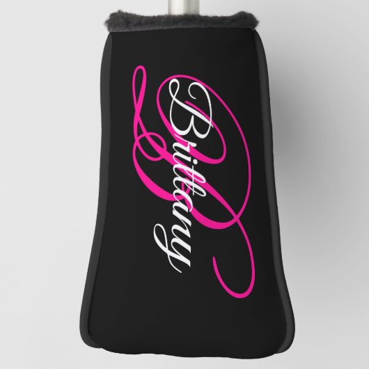 Zwart Wit en Heet Roze Fantasie Schrift Monogram Golfheadcover (Draai 90)