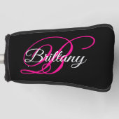 Zwart Wit en Heet Roze Fantasie Schrift Monogram Golfheadcover (Voorkant)