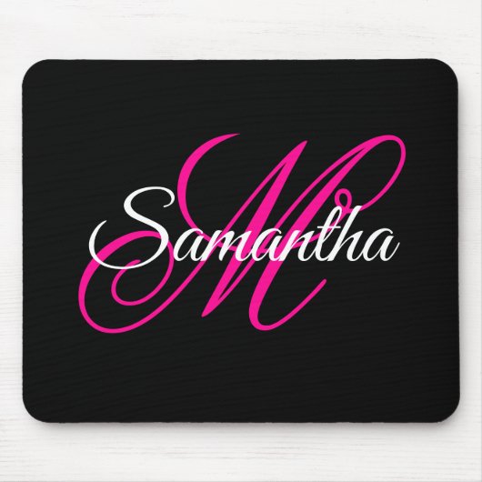 Zwart Wit en Heet Roze Fantasie Schrift Monogram Muismat (Voorkant)