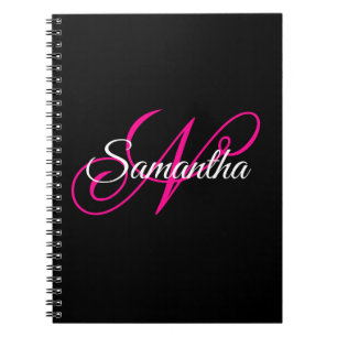 Zwart Wit en Heet Roze Fantasie Schrift Monogram Notitieboek
