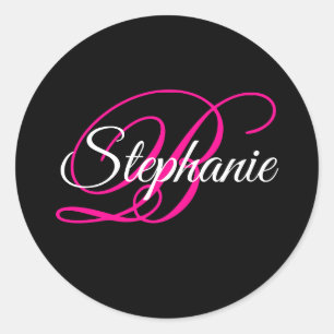 Zwart Wit en Heet Roze Fantasie Schrift Monogram Ronde Sticker